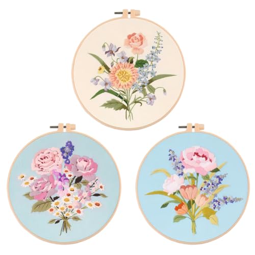 Generisch Stickset Embroidery Kit,3/4 Stück Stickerei Set Anfänger,Sticken Set Erwachsene, Stick Sets zum Sticken Anfänger Stickbilder Vorgedruckt mit Blumenmuster für DIY Kunst,Handwerk von Generisch