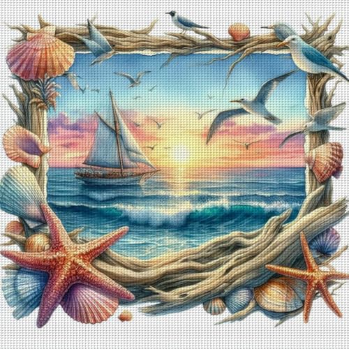 Generisch Strand Landschaft Kreuzstich Set, Stickvorlagen Stickbilder Vorgedruckt Kreuzstich Stickpackungen Cross Stitch Kit Stickset Sticken Set Erwachsene Anfänger 45x45cm-#1 von Generisch