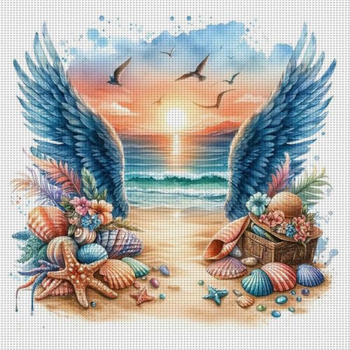 Generisch Strand Landschaft Kreuzstich Set, Stickvorlagen Stickbilder Vorgedruckt Kreuzstich Stickpackungen Cross Stitch Kit Stickset Sticken Set Erwachsene Anfänger 45x45cm-#2 von Generisch