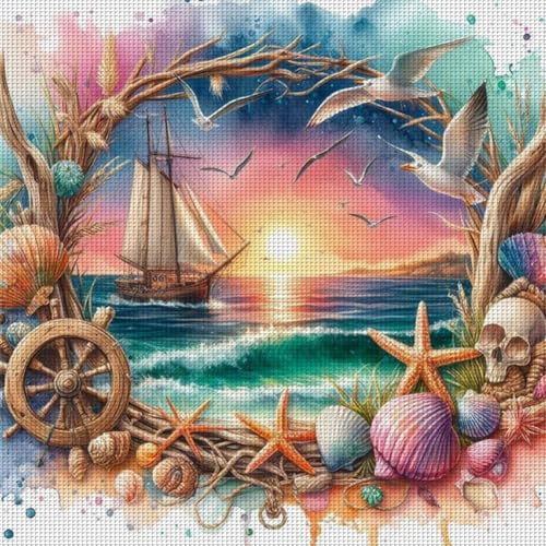 Generisch Strand Landschaft Kreuzstich Set, Stickvorlagen Stickbilder Vorgedruckt Kreuzstich Stickpackungen Cross Stitch Kit Stickset Sticken Set Erwachsene Anfänger 45x45cm-#3 von Generisch