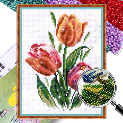 Generisch Tulpe Perlenstickerei Kreuzstich Set zum Selbermachen, Blume 9 CT komplettes Sortiment an vorgedruckten Startersets für Anfänger 19 x 27 cm von Generisch