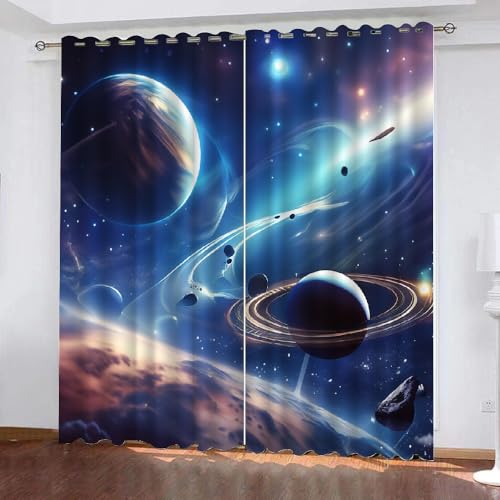 Generisch Universum Weltraum Planet Vorhang Blickdicht Ösen Kurz 2Er Set,Verdunkelungsvorhänge Für Kinderzimmer Wohnzimmer Schlafzimmer,Gardine Blau Für Kinder Und Jugendliche,175X280Cm(Hxb),A19 von Generisch