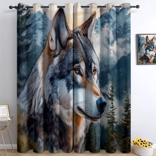 Generisch Verdunkelungsvorhänge 3D Digitale Kunst Berge Wolf Ösen Vorhang 2Er Set H166 x B75 cm Verdunkelungsvorhang Blickdicht Fenstergardinen Kinderzimmer Schlafzimmer Wohnzimmer Thermovorha von Generisch