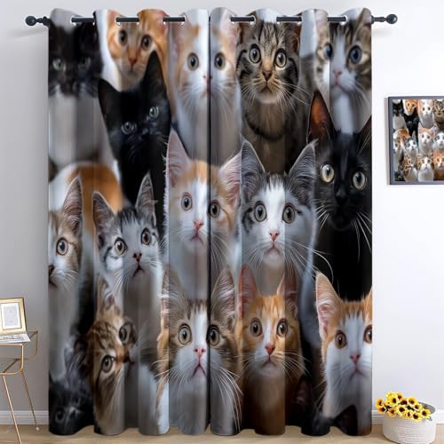 Generisch Verdunklungsvorhänge Tiere Katzen H215 x B110 cm Vorhang Blickdicht Wohnzimmer Modern Gardinen Sonnenschutz Verdunkelungsvorhang für Kinderzimmer 2er Set von Generisch