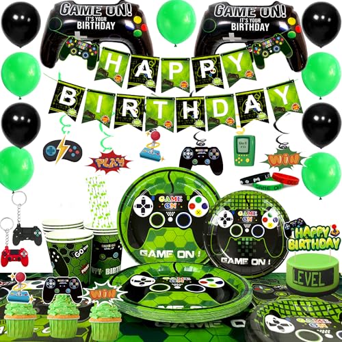 Gamer Geburtstagsdeko,132pcs Videospiel Party Deko & Videospiel Party Geschirr Set- Videospiel Luftballon Happy Birthday Banner Kuchendeckel Tischdecken Teller Servietten etc Videospiel Party Zubehör von Generisch