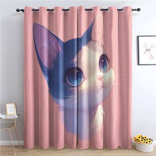 Generisch Vorhänge Katze - Mädchen Süße Kätzchen Rosa Fenster Gardinen mit Ösen, Vorhang Blickdicht Verdunklungsvorhänge Thermovorhang für Wohnzimmer Schlafzimmer Deko 2er Set, H 220 x B 140 cm J-#58 von Generisch