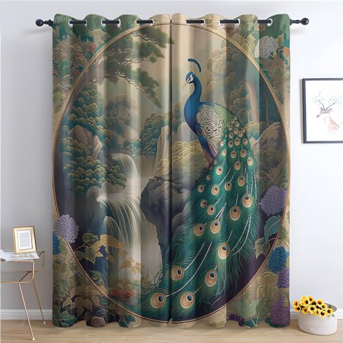 Generisch Vorhänge Pfau - Mädchen Chinoiserie Fenster Gardinen mit Ösen, Vorhang Blickdicht Verdunklungsvorhänge Thermovorhang für Wohnzimmer Schlafzimmer Deko 2er Set, H 245 x B 140 cm B-#69 von Generisch