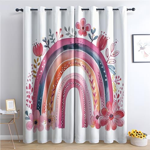 Generisch Vorhänge Regenbogen - Kinderzimmer Blumen Fenster Gardinen mit Ösen, Vorhang Blickdicht Verdunklungsvorhänge Thermovorhang für Wohnzimmer Schlafzimmer Deko 2er Set, H 137 x B 117 cm Q-#156 von Generisch