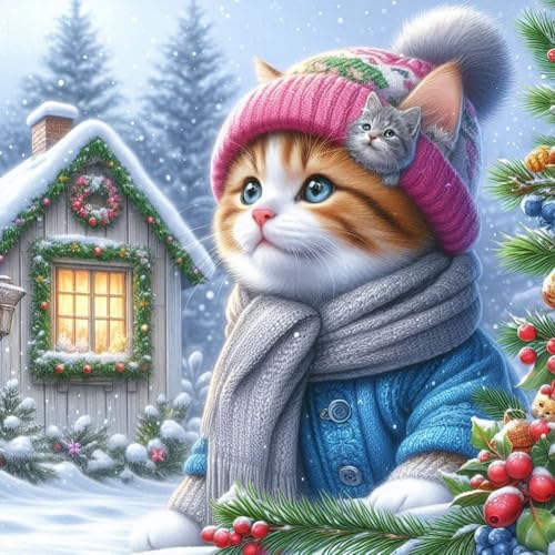 Generisch Weihnachten Diamond Painting Set für Erwachsene,5D katze Tier Diamant Malerei Kits,Malen nach Zahlen,Winter Diamant Painting Bilder Round Full Kits Complete Diamant Kunst Kits 30x30cm von Generisch