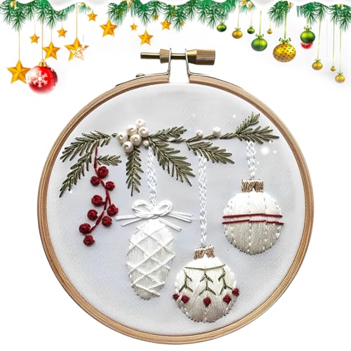 Generisch Weihnachten Stickerei Set Erwachsene Anfänger,Weihnachtenmuster Kreuzstich Kit Starter Tools Kit mit Stickrahmen,Farbfäden und Werkzeuge,für DIY Kunst,Handwerk,Sticken-Stechpalmenkugel von Generisch