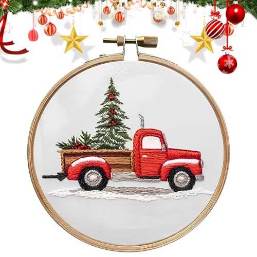 Generisch Weihnachten Stickerei Set Erwachsene Anfänger,Weihnachtenmuster Kreuzstich Kit Starter Tools Kit mit Stickrahmen,Farbfäden und Werkzeuge,für Kunst,Handwerk,Sticken- Weihnachts-LKW von Generisch