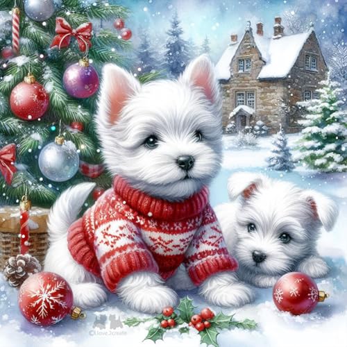 Generisch Weihnachten Westie Diamond Painting Set für Erwachsene,5D Tier Diamant Malerei Kits,Malen nach Zahlen,Winter Diamant Painting Bilder Round Full Kits Complete Diamant Kunst Kits 30x30cm von Generisch