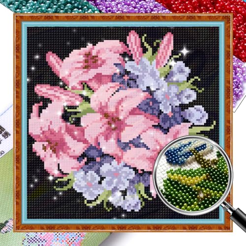 Generish Blumen Perlenstickerei Kreuzstich Set,Lilienbüschel Stickvorlagen Stickbilder Vorgedruckt Stickpackungen Stickpackung Cross Stitch Embroidery Kit Sticken Erwachsene Anfänger 28x28cm von Generisch