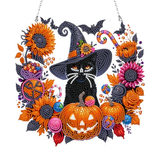 Generish DIY Halloween Diamond Painting Anhänger Einseitig mit Kette Schwarzer Katzenkürbis Diamant Painting Kranz Fensterbilder Diamant Malerei Wandbehang Kits für Fenster Wand Und Eingang Decor von Generisch