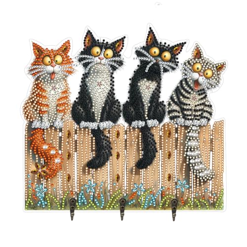 Generish Diamant Kunst Malerei Schlüsselhalter,Katze Diamond Painting Schlüsselbrett Holz mit 3 Schlüsselhaken, Schlüsselbrett Geeignet für Eingangsbereich, Haustür, Flur, Schlafzimmer, Büro von Generisch