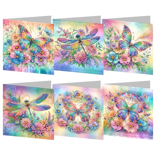 Generish Diamant Malerei Grußkarte, 6 Stück Schmetterling Libelle Blume Wasser Diamond Painting Geburtstag Karte, Diamant Malerei Strass Kits für Weihnachten Lehrertag Muttertag Erntedankfest von Generisch