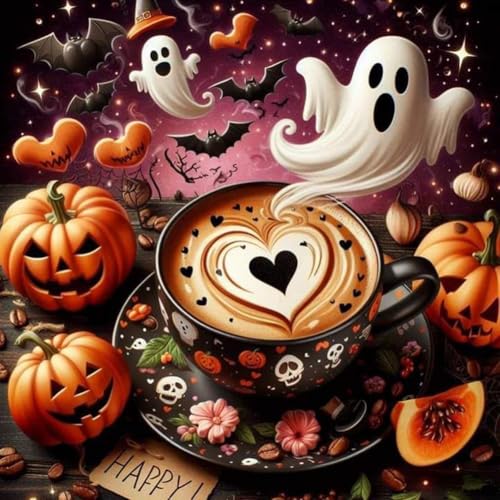 Generish Halloween Diamond Painting Set für Anfänger,DIY 5D diamond painting Halloween bilder Geist Kürbis Kaffee,Diamond Painting für Erwachsene,Home Wall Decor 40x40cm von Generisch