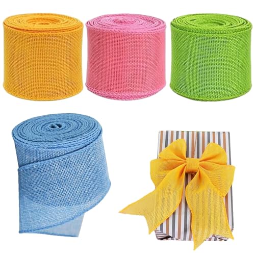 Geschenkband aus Sackleinen, multifunktionales Frühlingsband, 1,96 Zoll, Gelb, Grün, Blau, Rosa, 4 Rollen bunt dekorativ, festlicher Drahtrand für Pakete, Blumensträuße zum Basteln von Generisch