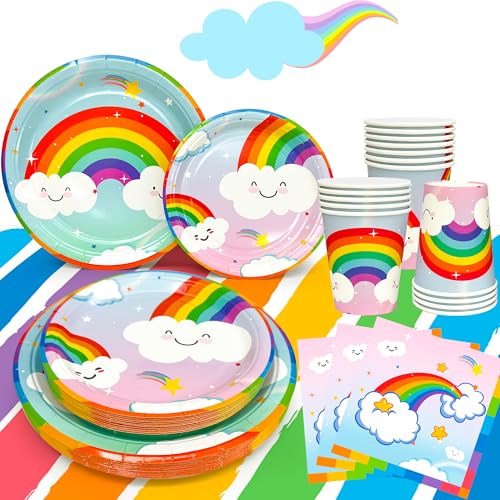 Rainbow Partygeschirr,141pcs Partygeschirr Regenbogen Set, Regenbogen Pappteller & Regenbogen Tischdecke etc Kindergeburtstag Deko Regenbogen Geschirr von Generisch