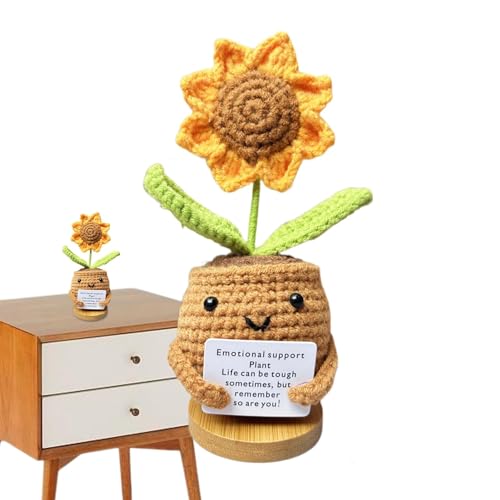Gestrickte Blume mit positiver Karte, lustige Häkelblume, kleine gestrickte Schreibtischdekoration, niedliche Häkel-Sonnenblumen für Kinder und Erwachsene von Generisch