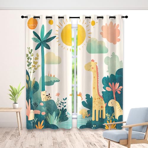 Giraffe Dschungel Tier Vorhang, Wohnzimmer Schlafzimmer Blickdichte vorhänge, Tropische Cartoon Tier Gardinen, mit Ösen Verdunkelungsvorhang, Vorhänge 2er Set, 150x166 cm von Generisch