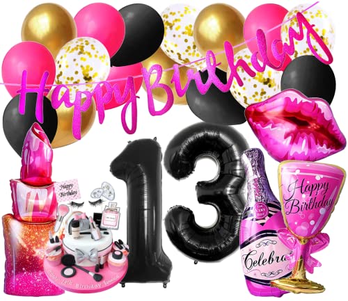 Girls Lady Mode Luxus 13 Set Mädchen Geburtstags Deko Diva Party Zahl 13 Schwarz Beauty Lippen insta 13 Jahre Folienballon Ballons Pink Banner Girlande Kosmetik 13. Party Cupcake (Zahl 13) von Generisch