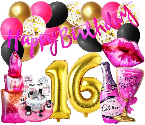 Girls Lady Mode Luxus 16 Set Mädchen Geburtstags Deko Diva Party Zahl 16 Gold 100 cm Beauty Lippen insta 16 Jahre Folienballon Ballons Pink Banner Girlande Kosmetik Cupcake (Zahl 16) von Generisch