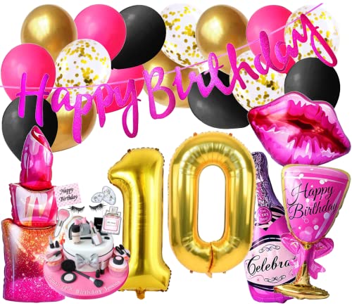 Girls Lady Mode Luxus Set Mädchen Geburtstags Dekoration Diva Party 10 Zahl Folienballon Gold Beauty Lippen insta Deko Party Ballons Pink 10 Jahre Banner Kosmetik Cupcake Jubiläum (Zahl 10) von Generisch