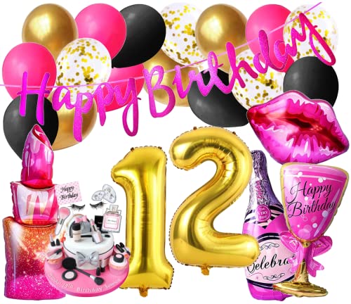 Girls Lady Mode Luxus Set Mädchen Geburtstags Dekoration Diva Party 12 Zahl Folienballon Gold Beauty Lippen insta Deko Party Ballons Pink 12 Jahre Banner Kosmetik Cupcake Jubiläum (Zahl 12) von Generisch