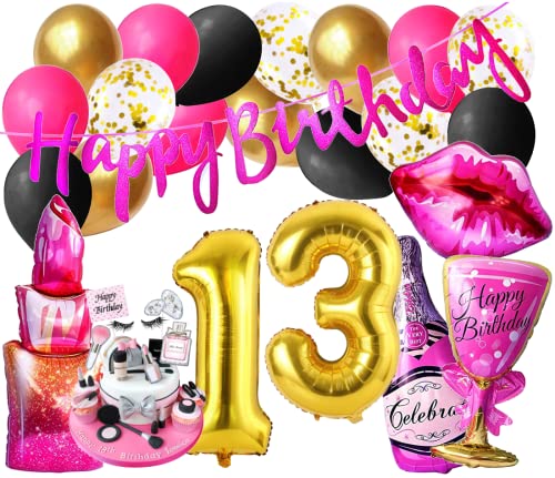 Girls Lady Mode Luxus Set Mädchen Geburtstags Dekoration Diva Party 13 Zahl Folienballon Gold Beauty Lippen insta Deko Party Ballons Pink 13 Jahre Banner Kosmetik Cupcake Jubiläum (Zahl 13) von Generisch