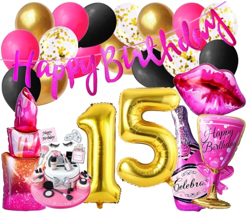 Girls Lady Mode Luxus Set Mädchen Geburtstags Dekoration Diva Party 15 Zahl Folienballon Gold Beauty Lippen insta Deko Party Ballons Pink 15 Jahre Banner Kosmetik Cupcake Jubiläum (Zahl 15) von Generisch