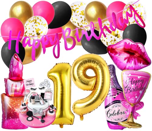 Girls Lady Mode Luxus Set Mädchen Geburtstags Dekoration Diva Party 19 Zahl Folienballon Gold Beauty Lippen insta Deko Party Ballons Pink 19 Jahre Banner Kosmetik Cupcake Jubiläum (Zahl 19) von Generisch