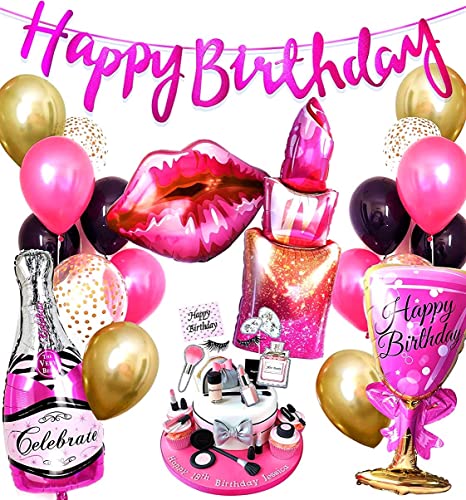 Girls Mädchen Geburtstags Deko Luxus Lady Party Mode Insta Dekoration Lippen Folienballon Pink Schwartz Ballon Folienballons Jubiläum Beauty Kosmetik Stars Motoparty Girls Feier von Generisch