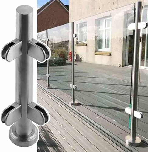 Glasgeländerpfosten Balustrade für Außenbereich, Terrasse, Treppe und Balkon, silberfarbener Eckpfosten, 105 cm, inklusive Glasscheibe und Klemmen-Set von Generisch