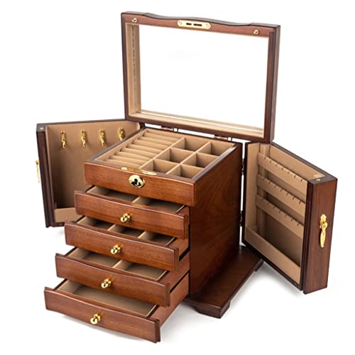 Große Holz-Schmuckschatulle mit Spiegel und Schloss, Schmuck-Organizer mit 4 Schubladen für Damen, Hartholz-Schmuckkoffer für Schlafzimmer, Accessoires, Idee (Farbe: D) von Generisch