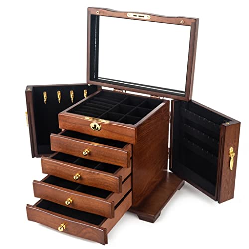 Große Schmuckschatulle aus Holz mit Spiegel und Schloss, 4 Schubladen, Schmuckkästchen, Aufbewahrung für Damen, Hartholz, Schmuck-Organizer, Geschenk für Schlafzimmer-Accessoires (Farbe: Espresso) von Generisch