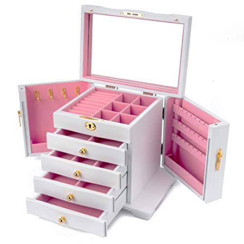 Großer Schmuck-Organizer aus Holz mit Spiegel und Schloss, 4 Schubladen, Schmuckschatulle für Damen, Hartholz, Schmuck-Zubehör, Schlafzimmer, Dekoration, Geschenk für sie (Farbe: C) von Generisch