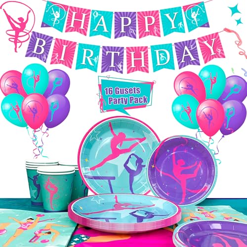 Gymnastik Party Dekorationen,78Pcs Gymnastik Geburtstag Party Supplies-Gymnastik Geburtstagsparty Dekorationen Luftballons Banner Teller Tischdecke et von Generisch