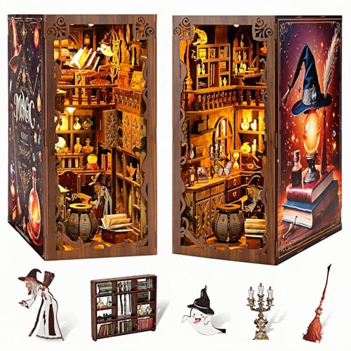 Halloween DIY Book Nook Kit Magischen Nacht mit Staubschutzhaube, 3D Puzzle Miniatur Haus Modellbausatz, Diorama Geschenke für Erwachsene, Bücherregal Deko, Magisches Geschenk für Kinder von Generisch