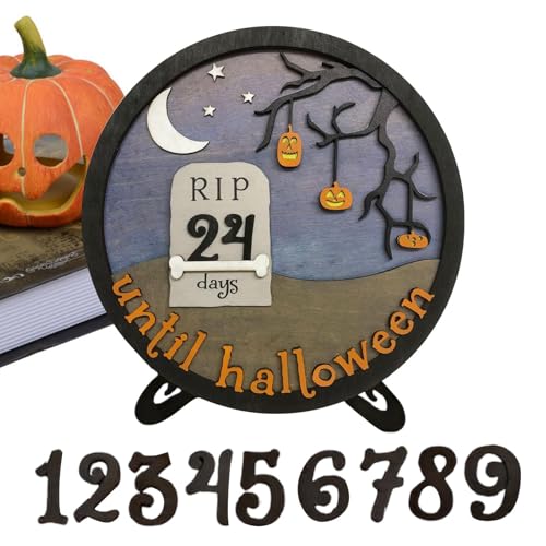 Halloween-Heimdekoration, Halloween-Countdown-Kalender | Runder Adventskalender aus Holz - Tisch-/Wanddekoration, Kunst- und Bastel-Halloween-Nacht-Ornament für Wandtisch, Schrank von Generisch