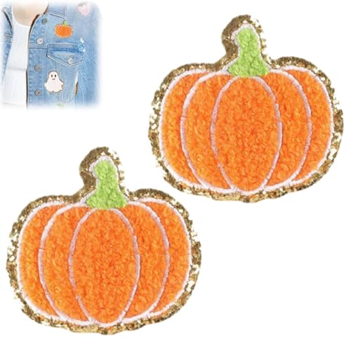 Halloween Kürbis Geist Schädel Aufbügler Patches Halloween Kürbis Geist Eisen auf Chenille Patches Glitzer Rand Applikation Geist bestickt Patch für T-Shirt Jeans DIY Handwerk Zubehör Aufkleber (2 von Generisch