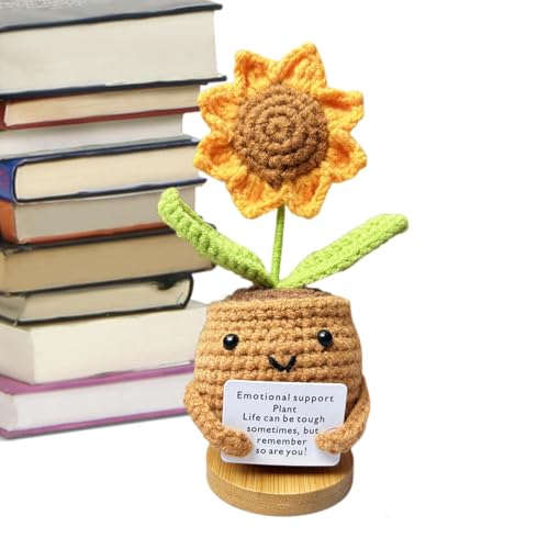 Handgefertigte Häkelblumen, Strickpuppe,Emotionale Unterstützung Lustige Häkelblume | Kleine gestrickte Schreibtischdekoration im Topf, künstlicher Sonnenblumenstrauß, lustige süße gehäkelte Sonnenbl von Generisch