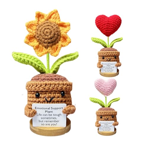 Handgefertigte Häkelblumen, gestrickte Blume für emotionale Unterstützung, künstlicher Sonnenblumenstrauß mit positiver Karte, lustige Häkelblume, kleine Topf-Schreibtischdekorationen, emotionale von Generisch