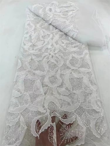 Handgefertigter Perlenspitzenstoff, Tüll, Spitze, afrikanischer Spitzenstoff für Hochzeit, Party, Kleid, Nähen, 4,5 m, J von Generisch