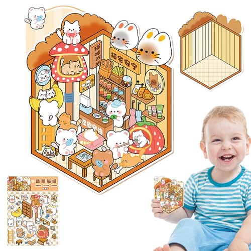 Hausaufkleber kreative Miniatur, Miniatur -Szenenaufkleber | Dekorative Wandtattoos 3D -Effekt | Landschaftsbau -Szenenabziehbilder, Cartoon Scrapbooking Decoration Tool für Kinder von Generisch