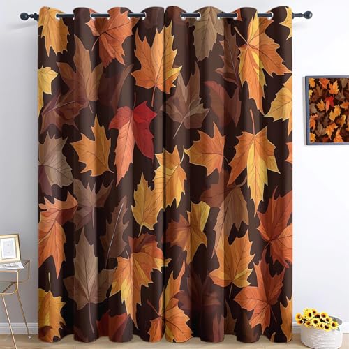 Herbstblätter, dunkelbraun, 3D-Polyester-Mikrofaser-Isolierung, Verdunkelungsvorhänge für Kinderzimmer, Set mit 2 Paneelen, 168 x 183 cm, Ösen-Fenstervorhänge für Jungen und Mädchen von Generisch