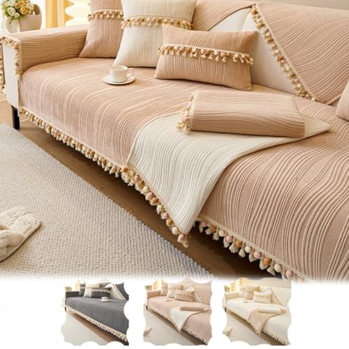 Hochdehnbarer großer Couch-Sofabezug mit Quaste, verdickter Möbelschutz für 5 bis 3 Kissen, Couch, Milchseide, Samtstoff, Khaki, 90 x 240 cm von Generisch