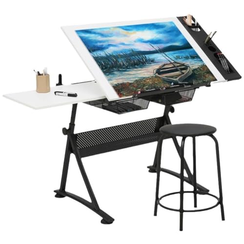 Höhenverstellbarer weißer Kunstschreibtisch mit Hockern, 0°-65° neigbar, Zeichentisch, extra große Zeichenfläche und Schubladen, ideal für Künstler und Designer Höhenverstellbarer weißer Kunstschreibtisch mit Hockern, 0°-65° neigbar, Zeichentisch, extra große Zeichenfläche und Schubladen, ideal für Künstler und Designer von Generisch