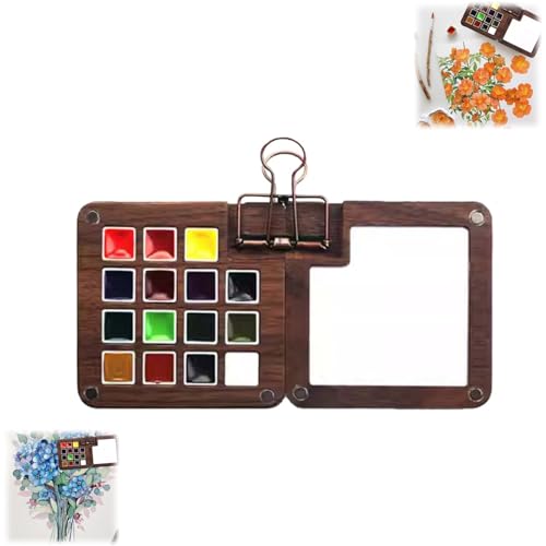 Holz Tragbare Skizzenbuch-Palette,mit Walnuss-Zeichenbrett,Clip,12 Farben Farbe,Stift,Papier,Mini Paint Palette Aquarell Palettenbox, für Aquarell-, Öl-, Gouache-Malerei (15 Farben) von Generisch