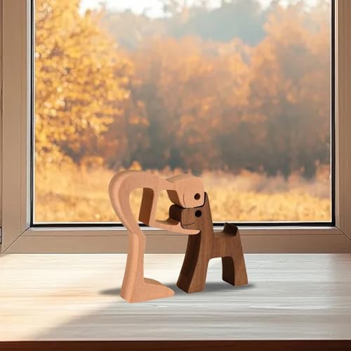 Holzfigur Hund Hund Familie Statue Kreative Handgemachte Holz Welpe Figur Ornamente Welpe Menschen Skulptur Handwerk Dekoration für Zuhause, Büro, Haustier Liebhaber Geschenke Holz Hund Statue von Generisch